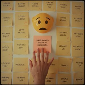 Persona frustrada con phrasal verbs de LOOK en tablero, encuentra "Regla Única de LOOK: Intención y Preposición"